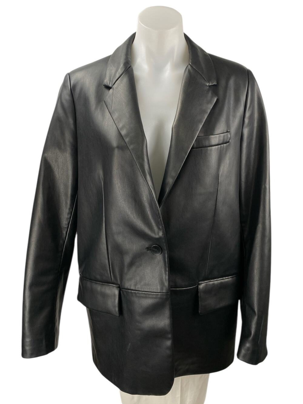 Zara Womens Black Faux Vegan Leather Long Sleeve Button Blazer Coat Jacket Sz M